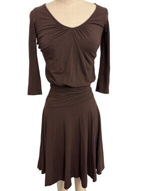 Ella Moss Brown Ruched Waist Dress XS 3/4 Sleeve Retro Style
